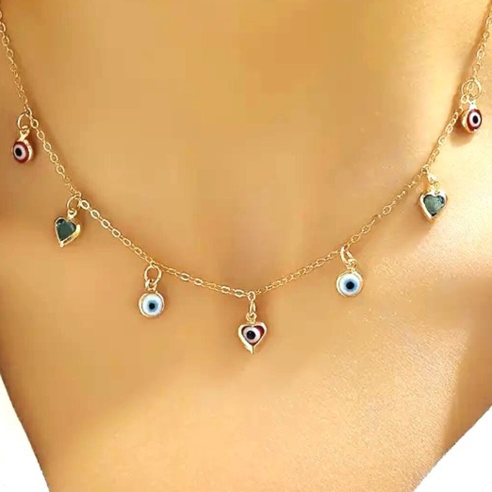 Necklace Charm Choker Dangle Hearts Third eye Gems Boho Dainty Trendy Stylish